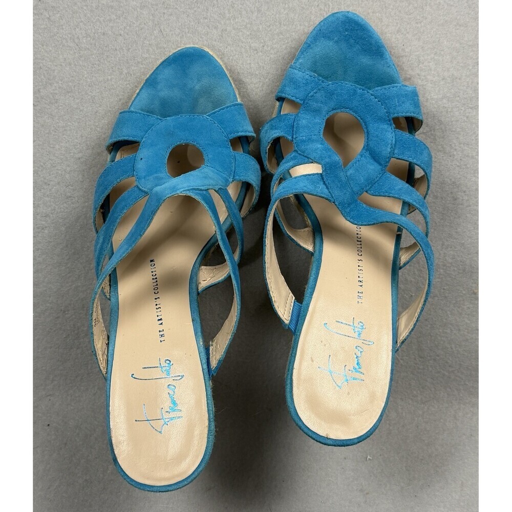 Franco Sarto Blue Suede Wedge Sandals Cutout Design Size 9 Y2K